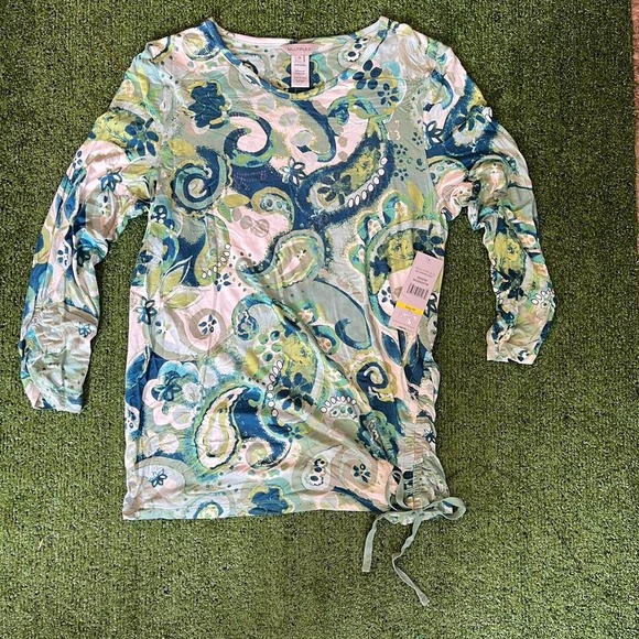 Multiples multicolor paisley print top blouse drawstring front tie waist size M - Picture 7 of 7